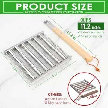 KAYCROWN Hot Dog Roller Stainless Steel Sausage Roller Rack with Extra Long Wood Handle, BBQ Hot Dog Griller For Evenly Cooked Hot Dogs, 5 Hot Dog Capacity