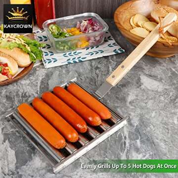 KAYCROWN Hot Dog Roller Stainless Steel Sausage Roller Rack with Extra Long Wood Handle, BBQ Hot Dog Griller For Evenly Cooked Hot Dogs, 5 Hot Dog Capacity