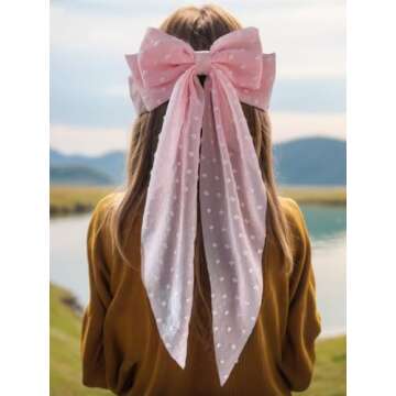LFOUVRE Pink Hair Accessories - Bow Hair Clips, Bowknot Barrettes with Tail for Girls and Women, Flo...
