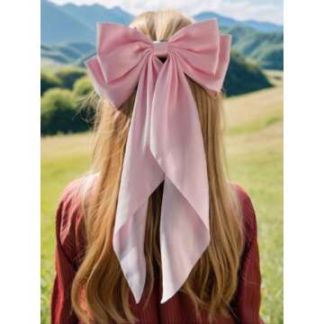 LFOUVRE Pink Hair Accessories - Bow Hair Clips, Bowknot Barrettes with Tail for Girls and Women, Floral Dots Bows, 3pcs Set