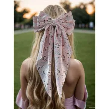 LFOUVRE Pink Hair Accessories - Bow Hair Clips, Bowknot Barrettes with Tail for Girls and Women, Floral Dots Bows, 3pcs Set