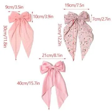 LFOUVRE Pink Hair Accessories - Bow Hair Clips, Bowknot Barrettes with Tail for Girls and Women, Floral Dots Bows, 3pcs Set