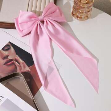 LFOUVRE Pink Hair Accessories - Bow Hair Clips, Bowknot Barrettes with Tail for Girls and Women, Floral Dots Bows, 3pcs Set