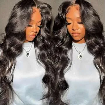 ANDRIA Body Wave Lace Front Wigs Glueless Lace Front Wig 13x4 HD Lace Front Wigs Synthetic Heat Resistant Fiber Hair Wig With Baby Hair Wigs For Black Women Long Loose Black Wig 26 Inches