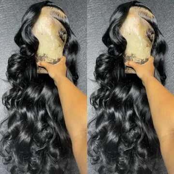 ANDRIA Body Wave Lace Front Wigs Glueless Lace Front Wig 13x4 HD Lace Front Wigs Synthetic Heat Resistant Fiber Hair Wig With Baby Hair Wigs For Black Women Long Loose Black Wig 26 Inches