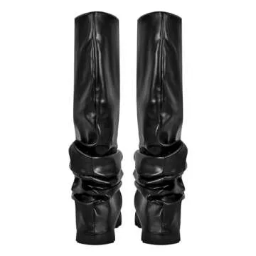 richealnini Metallic Knee High Boots Women Slouch Ruched Boots Platform Heel Stretch Pull On Foldover Mid Calf Boot Track Sole Block Chunky Heel Punk Motorcrycle Combat Riding Boots Black Size 9.5