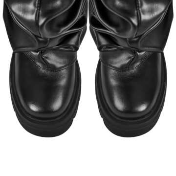 richealnini Metallic Knee High Boots Women Slouch Ruched Boots Platform Heel Stretch Pull On Foldover Mid Calf Boot Track Sole Block Chunky Heel Punk Motorcrycle Combat Riding Boots Black Size 9.5