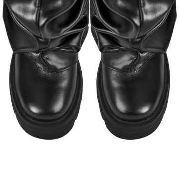 richealnini Metallic Knee High Boots Women Slouch Ruched Boots Platform Heel Stretch Pull On Foldover Mid Calf Boot Track Sole Block Chunky Heel Punk Motorcrycle Combat Riding Boots Black Size 9.5