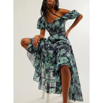 Women Spring Dresses Flowy Smocked Maxi Dress Puff Sleeve Sweetheart Y2K Floral Boho Summer Sundresses