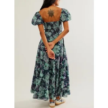 Women Spring Dresses Flowy Smocked Maxi Dress Puff Sleeve Sweetheart Y2K Floral Boho Summer Sundresses