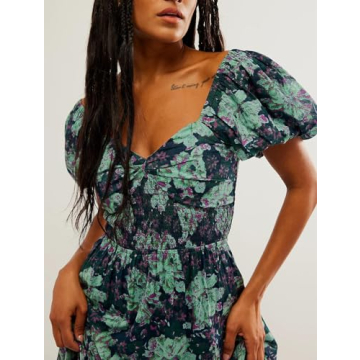 Women Spring Dresses Flowy Smocked Maxi Dress Puff Sleeve Sweetheart Y2K Floral Boho Summer Sundresses