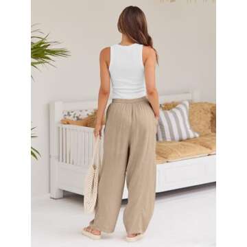 LILLUSORY Women Linen Summer Spring Fashion Outfits Palazzo Casual Flowy Pants Wide Leg Trouser Boho Lounge Drawstring Loose Lightweight Beach Trendy Harem Hippie Clothes with Pocket Khaki S