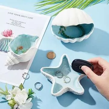 NBEADS Conch Shape Ceramic Jewelry Tray, Aqua Shell Trinket Dish Ceramic Ring Earring Holder Ocean-themed Decorative Trinket Plate for Rings Earrings Necklaces Bracelet Jewelry Watch Keys