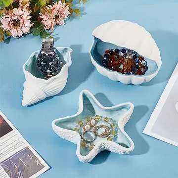NBEADS Conch Shape Ceramic Jewelry Tray, Aqua Shell Trinket Dish Ceramic Ring Earring Holder Ocean-themed Decorative Trinket Plate for Rings Earrings Necklaces Bracelet Jewelry Watch Keys