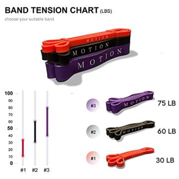 Motion Fitness Pull Up Assistance Bands for Working Out- Resistance Bands with Door Anchor, Body Stretching, Exercising, Physical Therapy, Pilates, Home Gym (Set of 3)