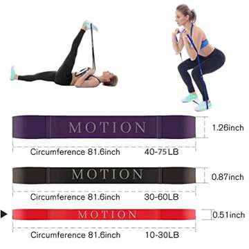 Motion Fitness Pull Up Assistance Bands for Working Out- Resistance Bands with Door Anchor, Body Stretching, Exercising, Physical Therapy, Pilates, Home Gym (Set of 3)