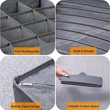 STYLIFING Bra Socks Underwear Organizer 3 Pack, Foldable Closet Organizer Drawer Soft Fabric Dresser Drawer Divider Bins for Bra Underwear Socks Ties Lingerie(Gray)