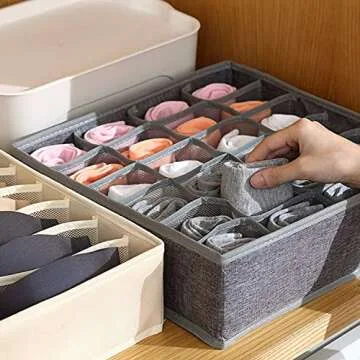 STYLIFING Bra Socks Underwear Organizer 3 Pack, Foldable Closet Organizer Drawer Soft Fabric Dresser Drawer Divider Bins for Bra Underwear Socks Ties Lingerie(Gray)