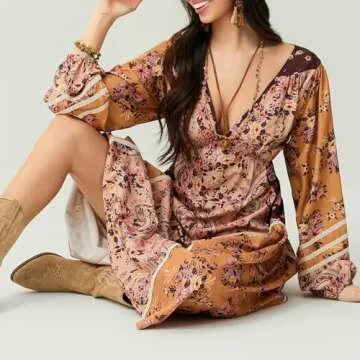 Women Boho Flowy Maxi Dress Floral Long Sleeve Vintage Long Dress V Neck Swing A Line Dress Streetwear