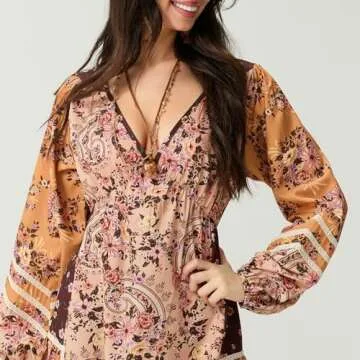 Women Boho Flowy Maxi Dress Floral Long Sleeve Vintage Long Dress V Neck Swing A Line Dress Streetwear