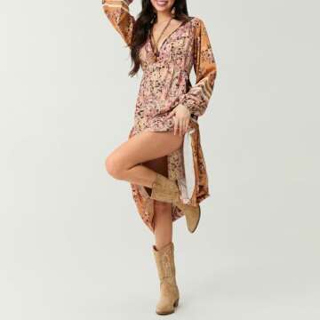 Women Boho Flowy Maxi Dress Floral Long Sleeve Vintage Long Dress V Neck Swing A Line Dress Streetwear