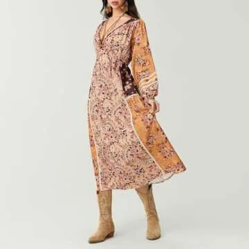 Women Boho Flowy Maxi Dress Floral Long Sleeve Vintage Long Dress V Neck Swing A Line Dress Streetwear