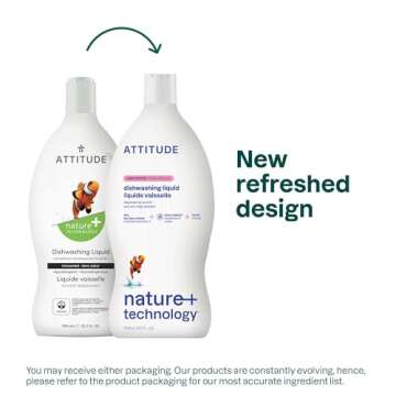 ATTITUDE Dishwashing Liquid, EWG Verified, Vegan Dish Soap, Plant Based, Naturally Derived Products, Unscented, 23.7 Fl Oz