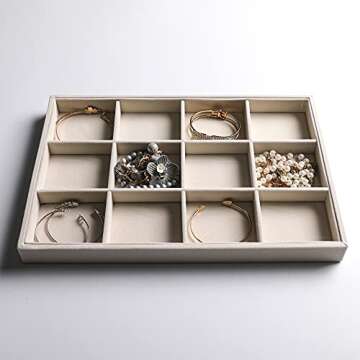 Frebeauty Stackable Velvet Jewelry Organizer Trays for Drawers Inserts Jewelry Storage Tray Display Case, Stud Earrings Bracelets Necklace Rings Accessories Trays for Women Girls(Set of 2 Beige)