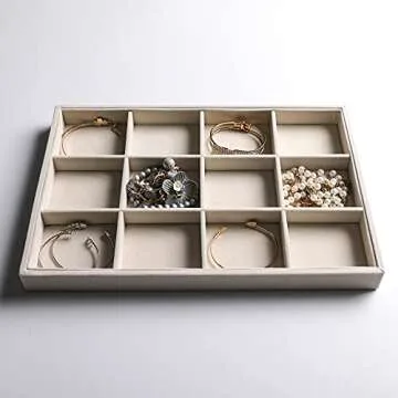 Frebeauty Stackable Velvet Jewelry Organizer Trays for Drawers Inserts Jewelry Storage Tray Display Case, Stud Earrings Bracelets Necklace Rings Accessories Trays for Women Girls(Set of 2 Beige)