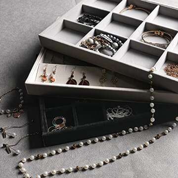 Frebeauty Stackable Velvet Jewelry Organizer Trays for Drawers Inserts Jewelry Storage Tray Display Case, Stud Earrings Bracelets Necklace Rings Accessories Trays for Women Girls(Set of 2 Beige)