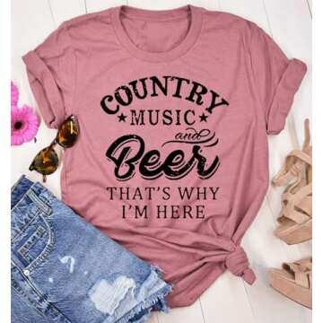 Country Music and Beer Funny Drinking Shirt for Women Summer Vacation T Shirts Vintage Country Shirt...
