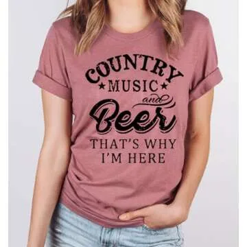 Country Music and Beer Funny Drinking Shirt for Women Summer Vacation T Shirts Vintage Country Shirts Tops (XL, Pink)