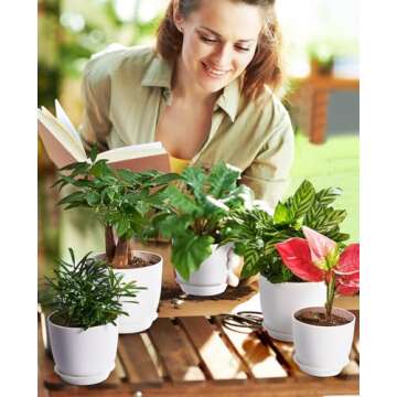 Homenote 7/6/5.5/4.8/4.5 Inch Modern Plastic Planter, White - Indoor Plant Pot with Drainage Hole & Tray for Succulents, Flowers, Cactus
