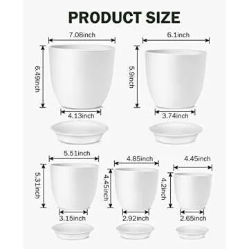Homenote 7/6/5.5/4.8/4.5 Inch Modern Plastic Planter, White - Indoor Plant Pot with Drainage Hole & Tray for Succulents, Flowers, Cactus