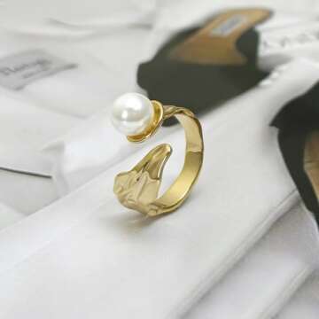 Gold Pearl Ring, Adjustable Pearl Rings for Women, Freshwater Pearl Ring, June Birthstone Rings for ...