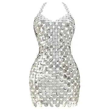 Azazccm Sequin Body Chain Dress - Silver Halterneck Backless Party Outfit