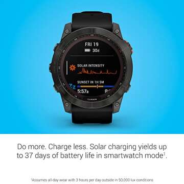 Garmin fenix 7X Sapphire Solar, Larger sized adventure smartwatch, with Solar Charging Capabilities, rugged outdoor watch with GPS, touchscreen, wellness features, black DLC titanium with black band