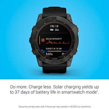 Garmin fenix 7X Sapphire Solar, Larger sized adventure smartwatch, with Solar Charging Capabilities, rugged outdoor watch with GPS, touchscreen, wellness features, black DLC titanium with black band
