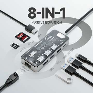 R RORO® USB-C Hub (8-in-1), with 100W PD3.0 Charge, 4K 60Hz 2K 144Hz HDMI 2.0, 3 x 5Gbps USB A 3.0 ...