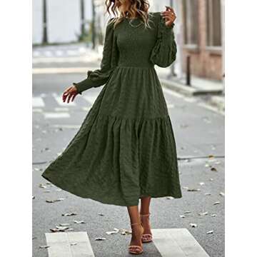 PRETTYGARDEN Women 2024 Puff Long Sleeve Crewneck Smocked Maxi Dress Solid Empire Waist Tiered A-lin...