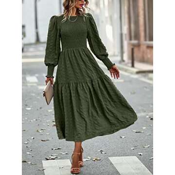 PRETTYGARDEN Women 2024 Puff Long Sleeve Crewneck Smocked Maxi Dress Solid Empire Waist Tiered A-line Swing Flowy Long Dress(Army Green,Small)