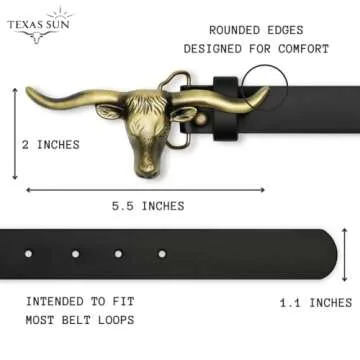 Texas Sun Black Medium - Western Belts for Woman - Leather Cowgirl Belt w/Longhorn Bull Metal Belt Buckle - Stylish Country Concert Outfits for Women