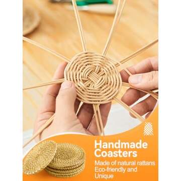 6pcs Handmade Rattan Coasters with Holder, Natural Wicker Boho Coasters Set, Heat-resistant Drink Co...