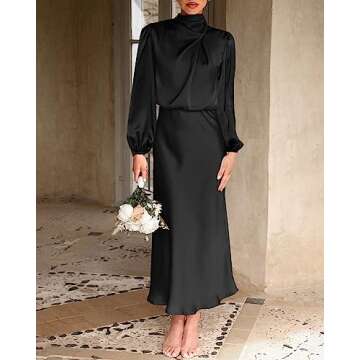 BTFBM Women's Mock Neck Satin Dress Elegant Long Sleeve Elastic High Waist Formal Wedding Cocktail P...
