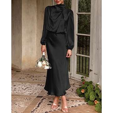 BTFBM Women's Mock Neck Satin Dress Elegant Long Sleeve Elastic High Waist Formal Wedding Cocktail Party Maxi Dresses(Solid Black, Small)