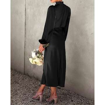 BTFBM Women's Mock Neck Satin Dress Elegant Long Sleeve Elastic High Waist Formal Wedding Cocktail Party Maxi Dresses(Solid Black, Small)