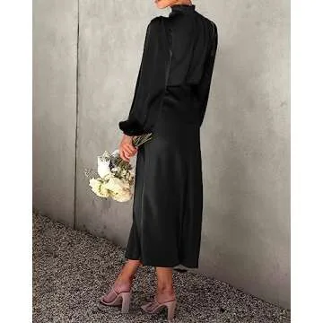 BTFBM Women's Mock Neck Satin Dress Elegant Long Sleeve Elastic High Waist Formal Wedding Cocktail Party Maxi Dresses(Solid Black, Small)