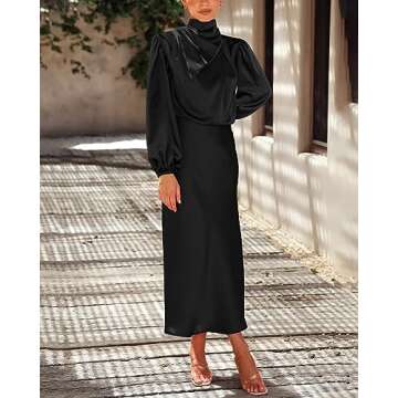 BTFBM Women's Mock Neck Satin Dress Elegant Long Sleeve Elastic High Waist Formal Wedding Cocktail Party Maxi Dresses(Solid Black, Small)