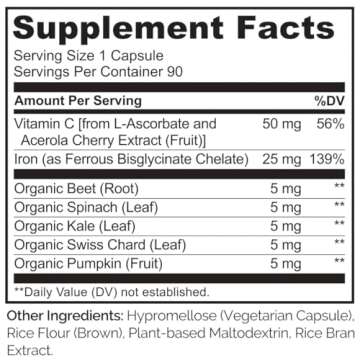 NATURELO Vegan Iron Supplement with Vitamin C and Organic Whole Foods - Gentle Pills for Women & Men...