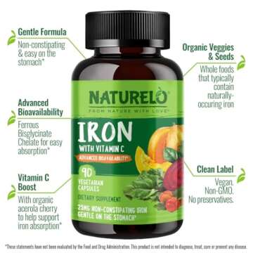 NATURELO Vegan Iron Supplement with Vitamin C and Organic Whole Foods - Gentle Pills for Women & Men w/Iron Deficiency Including Pregnancy, Anemia Diets 90 Mini Capsules
